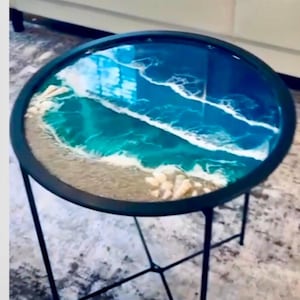 Ocean Resin Tray Table with Sand & Shells, Folding Coastal Side Table, Beach Decor, Epoxy Ocean Art Accent Table, Custom  Colors