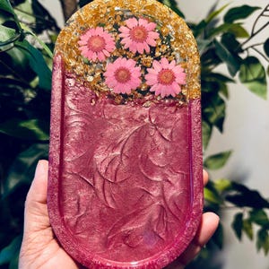 Handmade Pink Cherry Blossom Resin Tray with Real Flowers Floral Trinket Dish with Gold Leaf Flakes, Trinket Dish for Jewelry & Decor