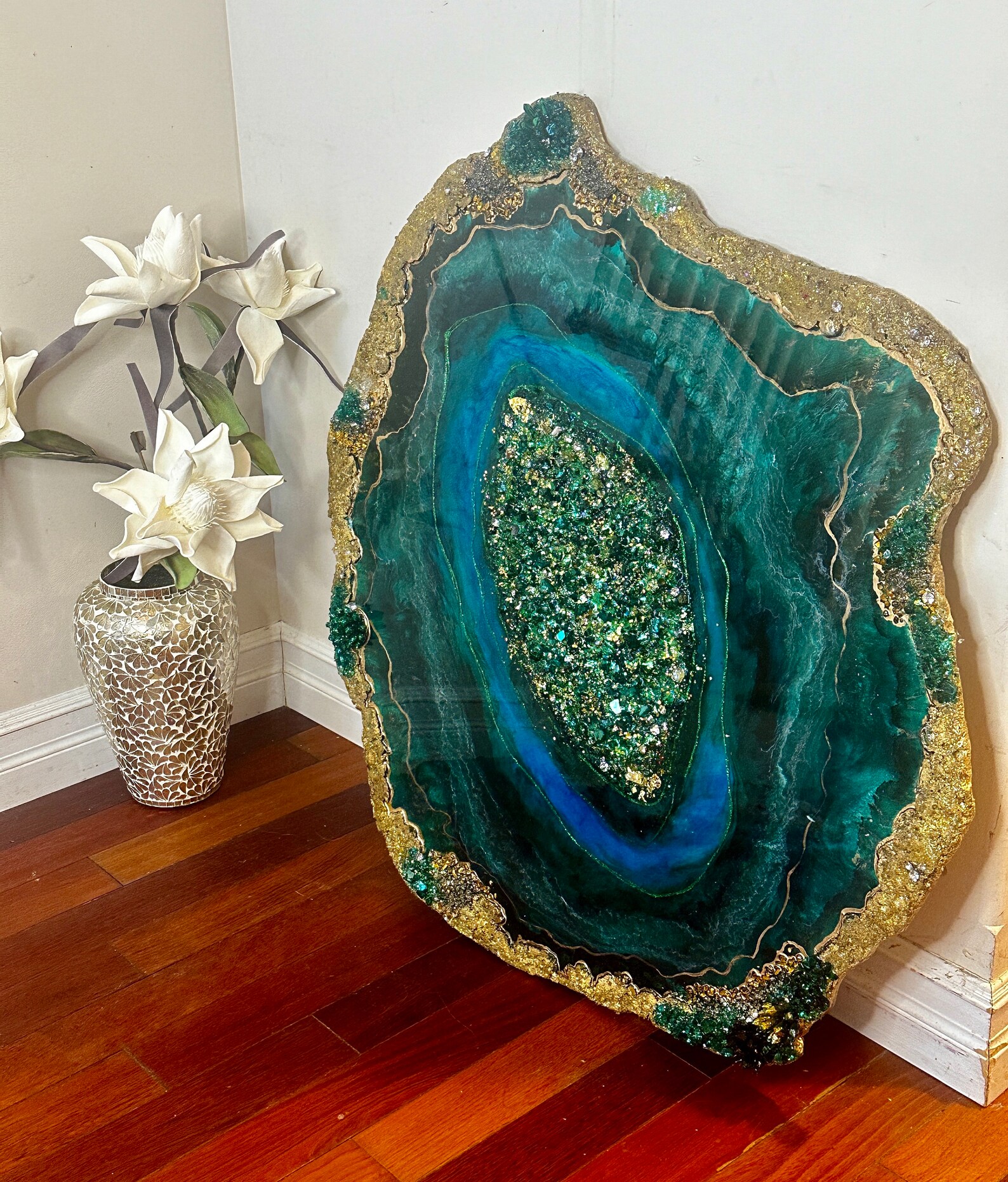 Emerald Green Geode Resin Painting – Malachite Crystal Agate Large ...