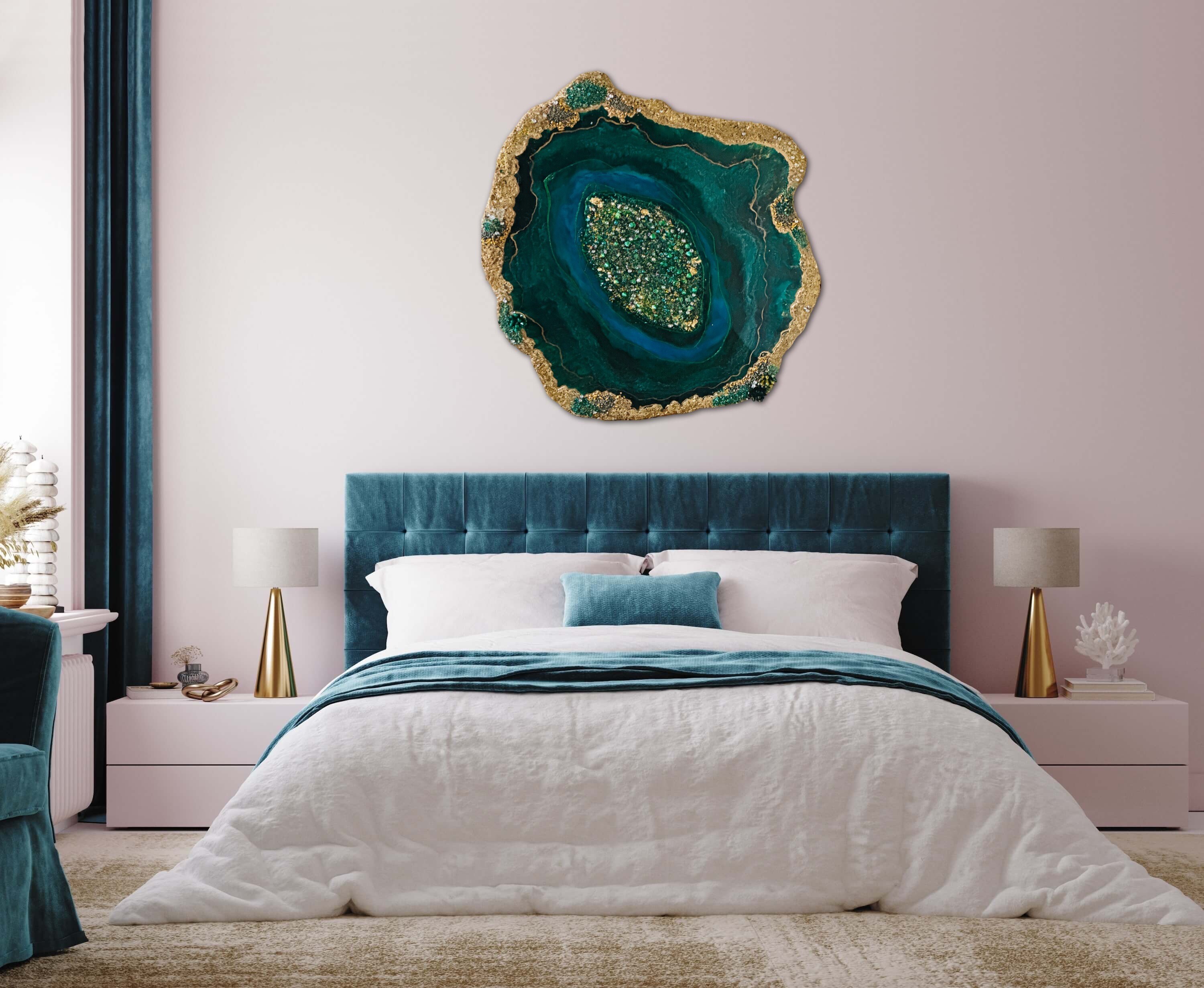 Green Geode Free Form Painting, Malachite Agate, Large Resin Wall Art