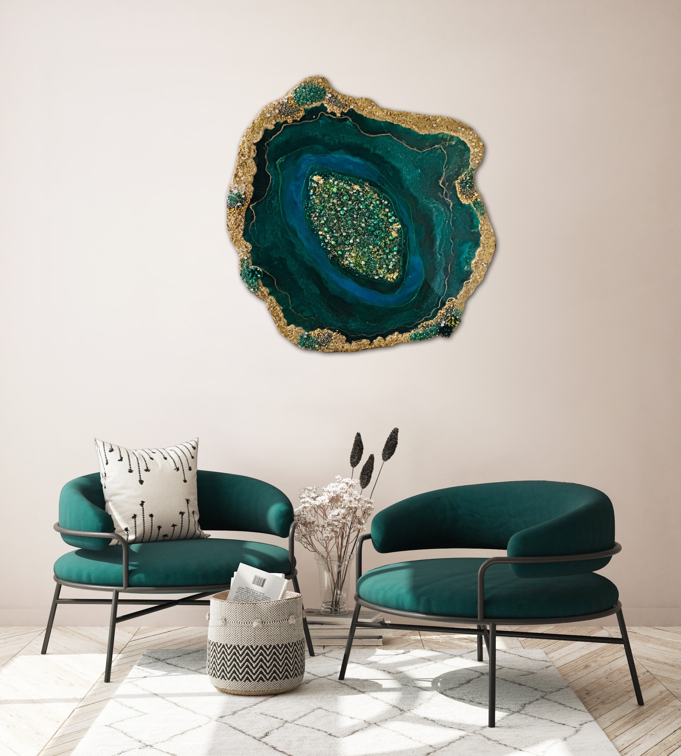 Green Geode Free Form Painting, Malachite Agate, Large Resin Wall Art