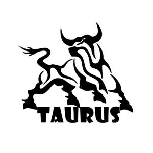 May include: Black and white silhouette of a bull with the word "TAURUS" underneath.