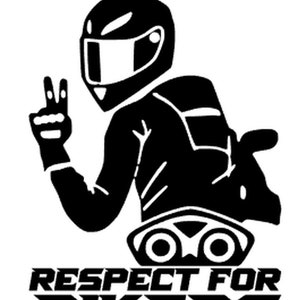 Pode incluir: Silhueta preta e branca de um motociclista usando capacete e fazendo o sinal de paz. O texto "Respect for Bikers" está abaixo da imagem.