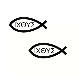 Könnte beinhalten: Zwei stilisierte Fischsymbole in Schwarzweiß mit dem griechischen Wort "ΙΧΘΥΣ" darin.