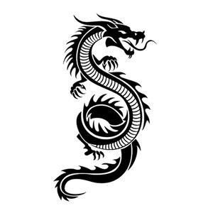 Könnte beinhalten: Schwarz-weiße Silhouette eines stilisierten Drachen mit einem eingerollten Schwanz und scharfen Krallen.