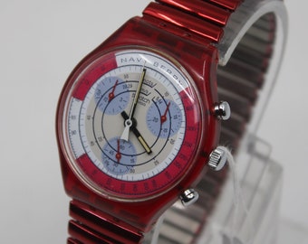 Swatch chrono homme « Navy Berry » vintage et début 1991 SCR100, bon état d'occasion, avec un bracelet non original