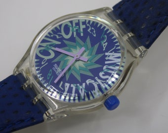 Swatch Musicall « Tone in Blue » SLK100 vintage 1993, BELLE, état d'occasion, fonctionne à 100 % avec bracelet d'origine