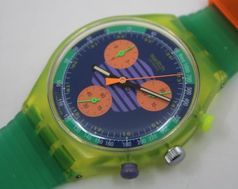 NEAR MINT 1991 Swatch Neo Wave wristwatch, SCJ100 Fluorescent Chronograph, Original Strap