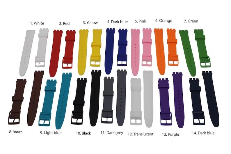 May include: A collection of fourteen silicone watch straps in various colors including white, red, yellow, dark blue, pink, orange, green, brown, light blue, black, dark grey, translucent, purple, and dark blue, each with a buckle and loop.