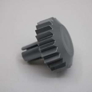 Könnte beinhalten: Ein graues Kunststoffzahnrad mit zylindrischer Welle und gezahntem Außenrand. Das Zahnrad hat einen abgerundeten Kopf und ist für mechanische Anwendungen konzipiert. Das Objekt befindet sich vor einem schlichten weißen Hintergrund.