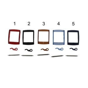 May include: Five watch bezel replacement kits in various colors: red, black, brown, blue, and navy. Each kit includes a bezel, spring bar, and a small tool. The bezels are square with rounded corners.