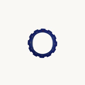 May include: A blue, circular timer with a toothed outer edge and a smooth inner ring. Numbers from 05 to 55 are printed around the inner ring. A small red marker is at the top.