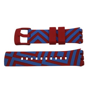 May include: A watch band set in red and blue. The bands feature a repeating geometric pattern of red and blue chevrons. The buckle and keepers are solid red. The band is designed to fit a watch.