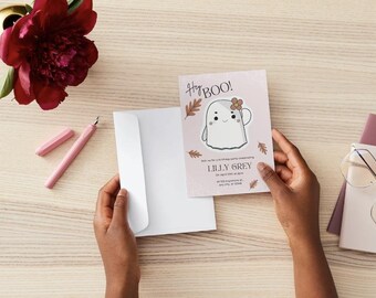 Hej Boo Halloween-födelsedagsinbjudan | Redigerbar spökflickafestinbjudan | Söt rosa höstfödelsedag | Canva-mall | Direktnedladdning