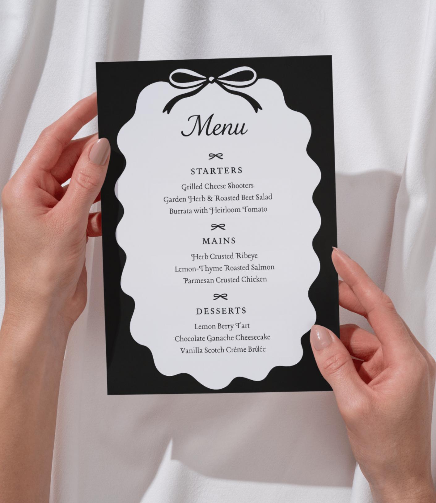 Bow Wedding Menu Template • Elegant Black and White Dinner Menu ...