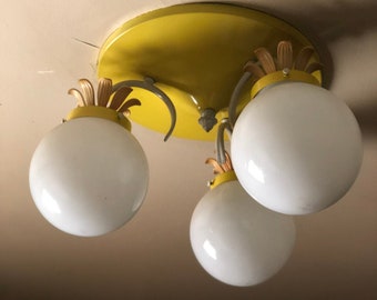 Retro mid century yellow lighting fixture flush vintage petal statement piece with ball globe