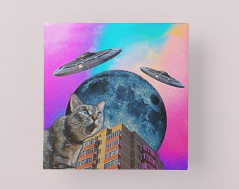 Holy Meow Cat and UFOs Sci-fi Moon Collage Digital Art Print