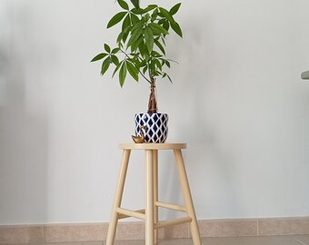 Vintage handcrafted turned wooden stool from the 70s