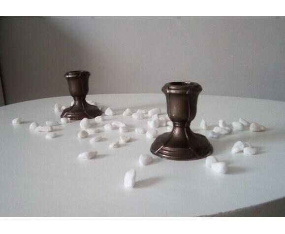 Paire de Bougeoirs Anciens en Étain Massif, Pair Of Old Candlesticks in Solid Pewter