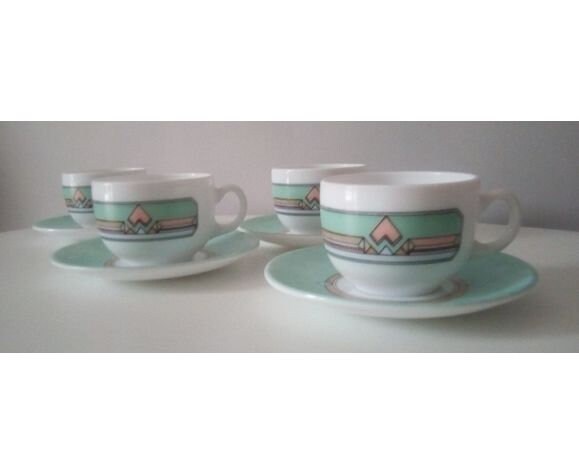 Lot de 4 Tasses à Café Vintage Motif Graphique, French Porcelain Cups 1970S