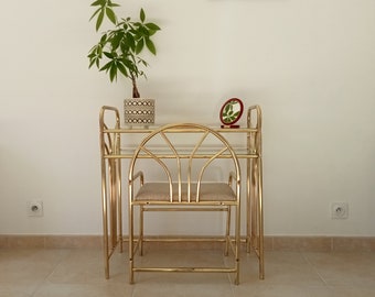 Vanity table and its 70s dressing chair in gold metal