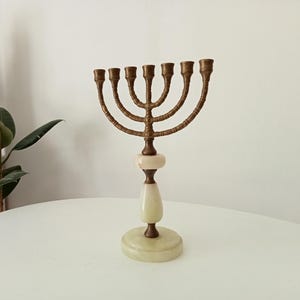 Vintage Hebrew Menorah Candlestick in Brass and Onyx from the 60s