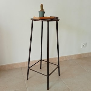 May include: A tall, dark brown metal stool with a round top. A small green pot with a cactus, a book, and a wooden object rest on the top. The stool's legs are thin and straight, with a supporting bar near the base. The stool is approximately 91 cm tall.