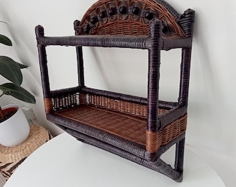Étagère murale vintage années 70 en rotin et osier