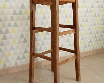 Tabouret haut tabouret de bar vintage en chêne massif assise paillé