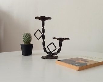 Vintage brutalist 1960s solid wrought iron candlestick