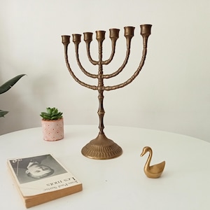 Large Vintage Hebrew Menorah Candlestick in Solid Brass from the 50s