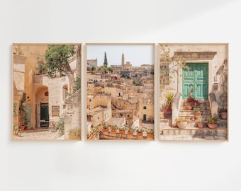 Conjunto de arte mural de Italia: impresiones fotográficas de Matera, Italia - Pueblo rústico - Impresión arquitectónica - Impresión de puerta mediterránea - Impresión digital de viaje