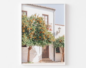 Orange Tree Print - Village Wall Art - Rustic Print - Mediterranean Garden - Fruit Print - Spanish Print - European Wall Art - Digital Print