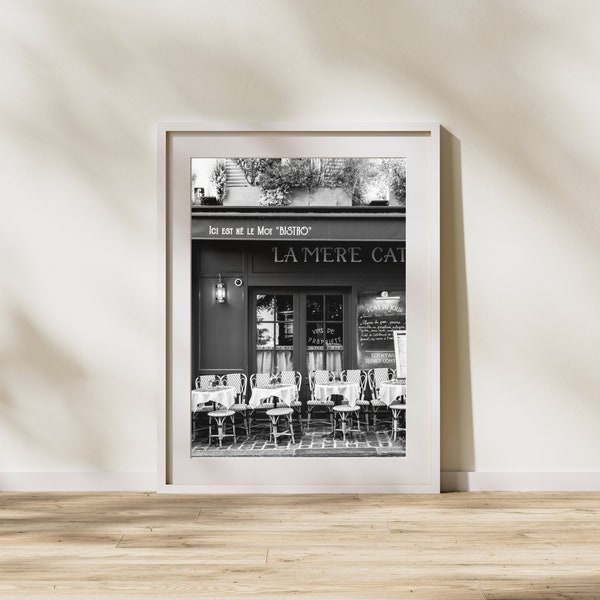 Black and White Paris Print - Paris Cafe Photography - Montmartre Print - Paris Digital Wall Art - Travel Photo - Instant Download