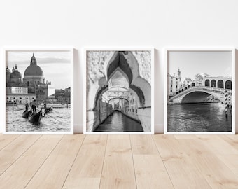 Venice Set of 3 Prints Black and White Italy Wall Art Travel Photography Home Decor Instant Download