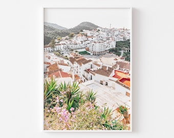 White Washed Village Mediterranean Print - Coastal Wall Art - Spain Print - Greece print - Olive Green - Rustic Print - Digital Download