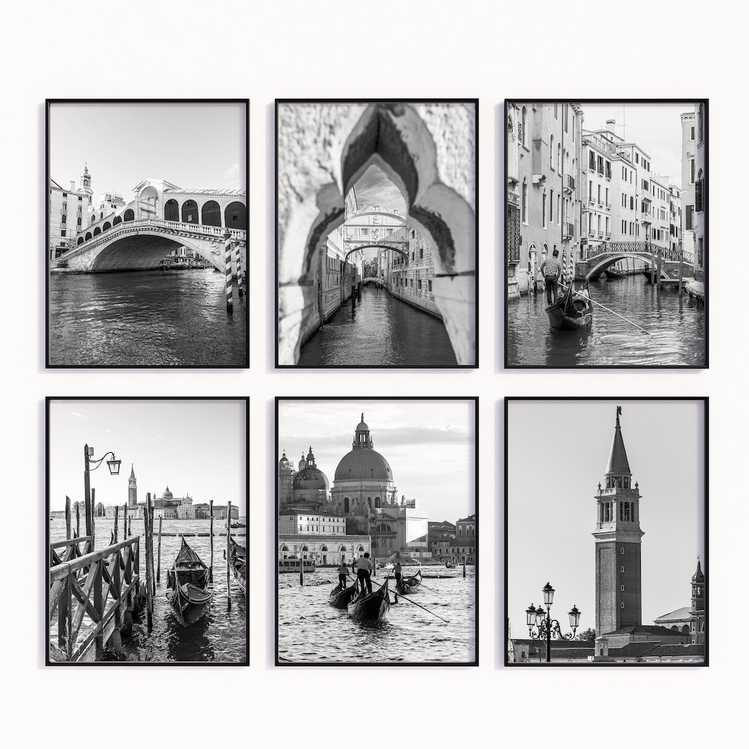 Italy Set of 6 Prints Black and White Gallery Wall Art Venice Travel
