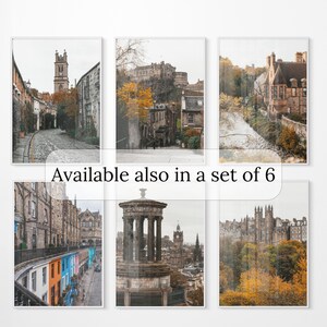 May include: Set of six photographs of Edinburgh, Scotland. The photos feature various landmarks and streetscapes, including a church, a castle, and a monument. The photos are in a warm, autumnal colour palette.