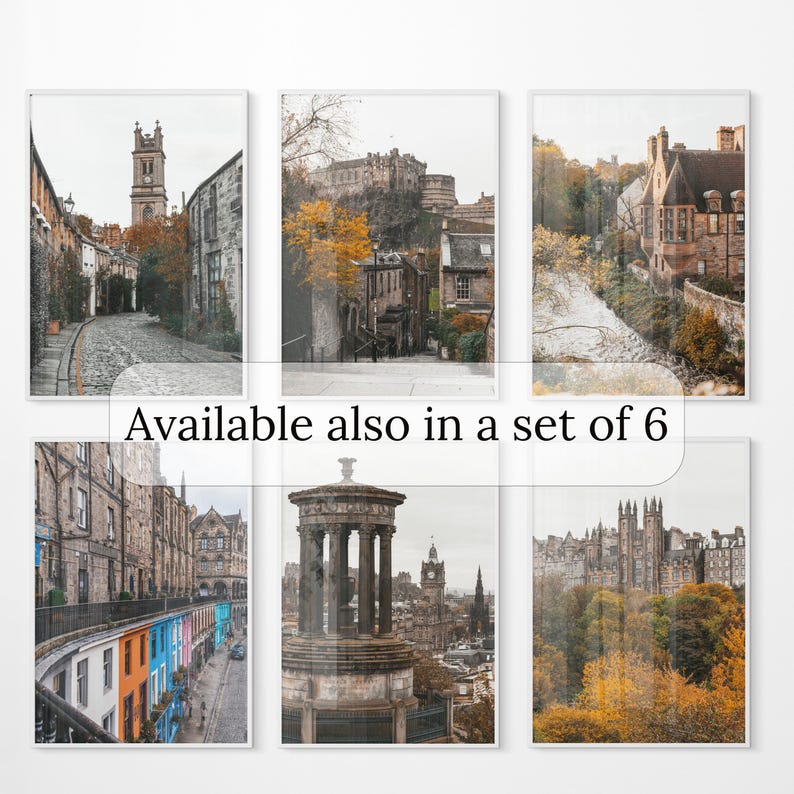 May include: Set of six photographs of Edinburgh, Scotland. The photos feature various landmarks and streetscapes, including a church, a castle, and a monument. The photos are in a warm, autumnal colour palette.