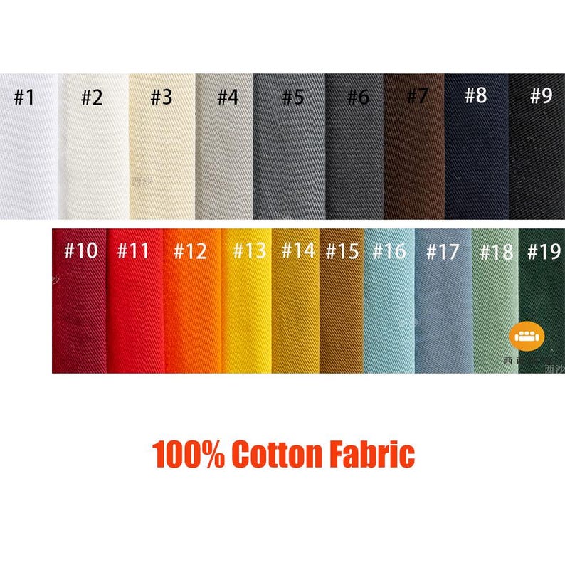 May include: Swatch card of 19 different solid color 100% cotton fabrics. The colors include white, beige, gray, brown, black, red, orange, yellow, gold, green, and blue.
