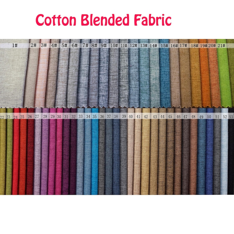 May include: A swatch card of 53 different cotton blended fabrics. The swatches are arranged in rows and numbered from 1 to 53. The fabric colors range from light beige to dark green.