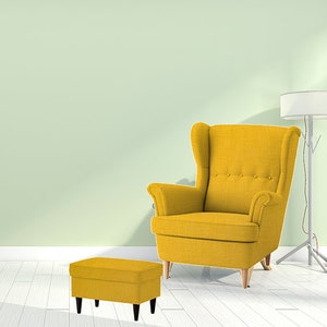 May include: A mustard yellow armchair with a wingback design and a matching ottoman. The chair has wooden legs and button tufting. The ottoman has black legs.