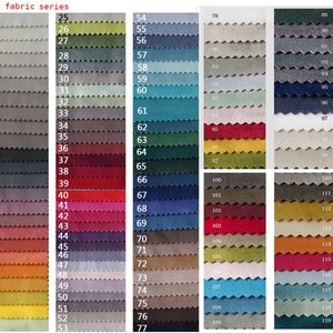 May include: A color chart of 119 different fabric swatches. The swatches are arranged in rows and columns, and each swatch is labeled with a number. The fabric swatches are a variety of colors, including red, blue, green, yellow, and brown.