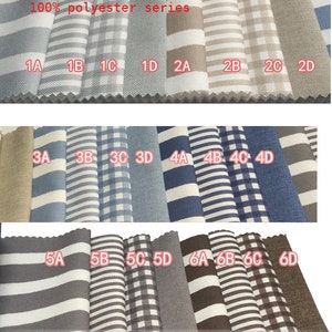 May include: A collection of 24 fabric swatches in various patterns and colors, including stripes, gingham, and solid colors. The swatches are labeled with numbers and letters, such as 1A, 1B, 1C, and so on. The text "100% polyester series" is displayed at the top of the image.