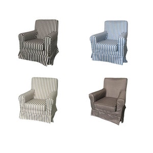 Peut inclure: Quatre fauteuils avec différents motifs de revêtement. L'un a des rayures verticales noires et blanches, un autre des rayures bleues et blanches, un troisième des rayures vertes et blanches, et le dernier un motif à carreaux marron et blanc.