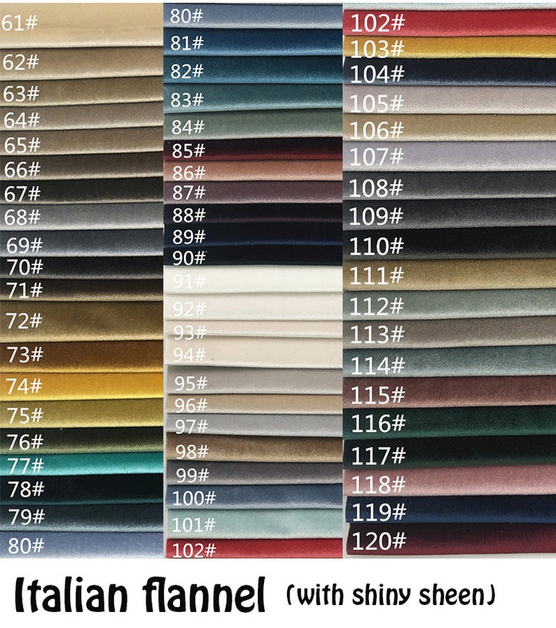 May include: A swatch card of 60 different colors of Italian flannel fabric with a shiny sheen. The fabric swatches are arranged in three columns, with each column labeled with numbers from 61 to 120.