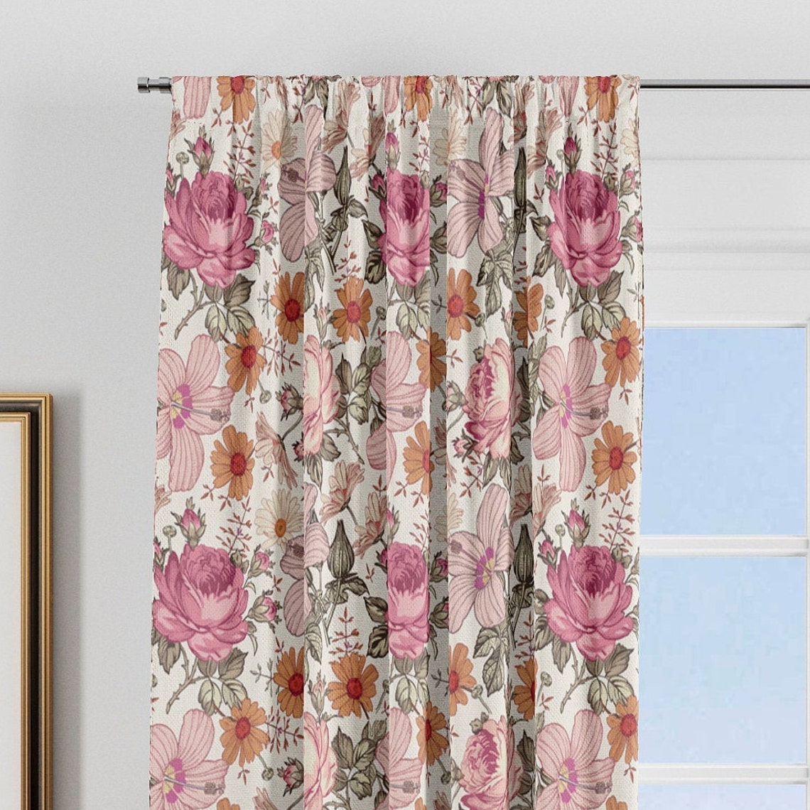 Curtain vintage floral pink linen cotton blackout window Etsy