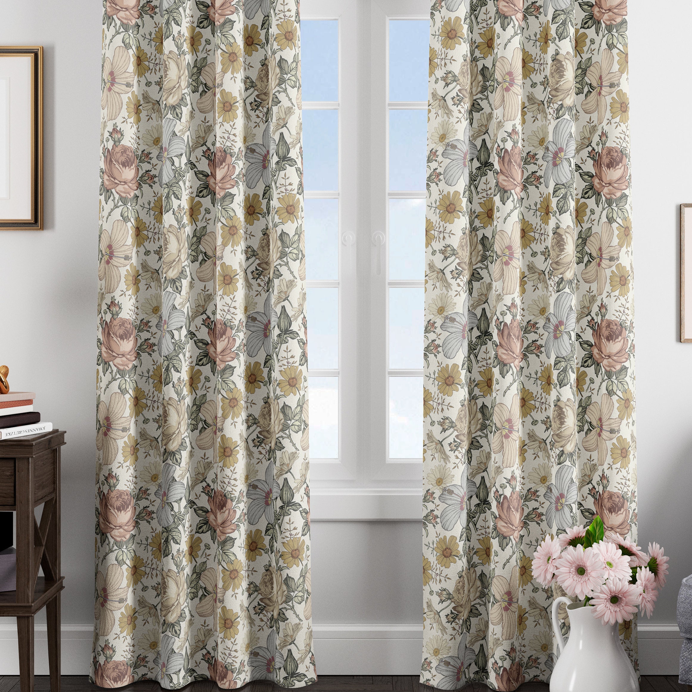 Curtain vintage floral linen cotton blackout window | Etsy