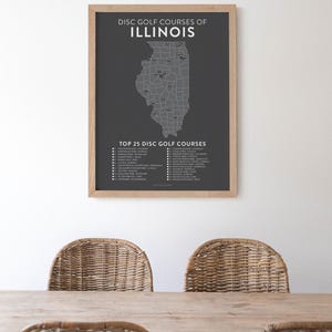 Poster des 25 meilleurs parcours de disc golf de l'Illinois | Liste de contrôle 12 x 18, carte | Cadeaux pour disc golfeurs