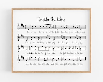 Betrachten Sie die Lilien Hymne Wandkunst, Bauernhaus Christian Printable, Hymn Wall Art, Matthäus 6:28